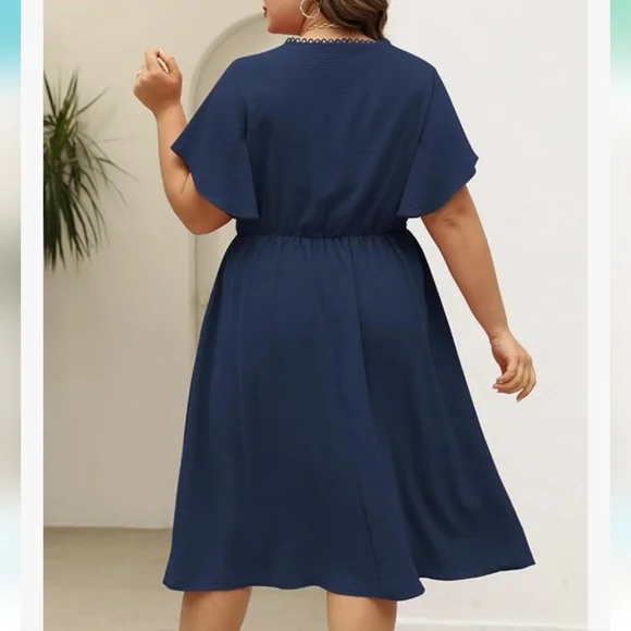 Navy V-Neck Flutter Sleeve Dress - Picture 3 of 10